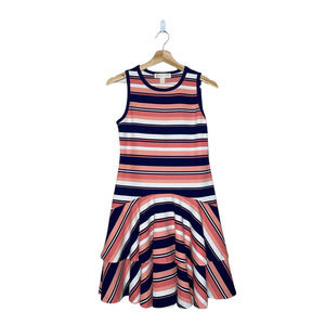 𝅺michael Kors Striped Dress Womens Small XS/S Coral Navy Sleeveless Tiered Scoop